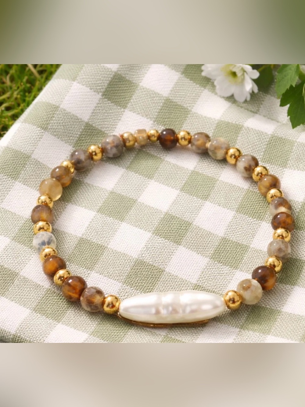 Pearl Accent Brown & Gold Beaded Stretch Bracelet